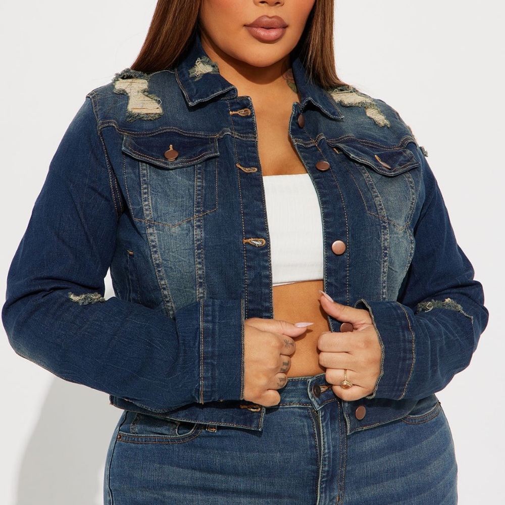 Fashion Nova Dark Blue Distressed Jean Jacket